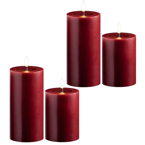 Novaliv 4er Set Led Kerzen flackernde Flamme mit Echtwachspiegel rot 7,5cm ø 2X 15 cm, 2x10 cm Höhe, LED Kerzen mit Timerfunktion, 2 AA Batterien nötig, LED Echtwachs Stumpenkerzen rot von Novaliv