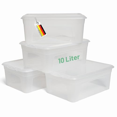 Novaliv 4x Aufbewahrungsboxen mit Deckel 10L transparente Boxen stapelbare Nestbar Storage boxes mit Clipverschluss Kunststoff BPA-frei 37x26x14 cm von Novaliv