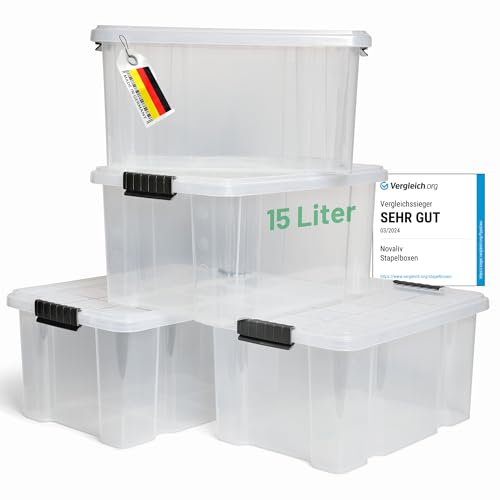 Novaliv 4x Aufbewahrungsboxen mit Deckel 15L transparente Nestbar stapelbare Storage boxes mit Clipverschluss Kunststoffbox BPA-frei 41 x 29 x 20 cm von Novaliv
