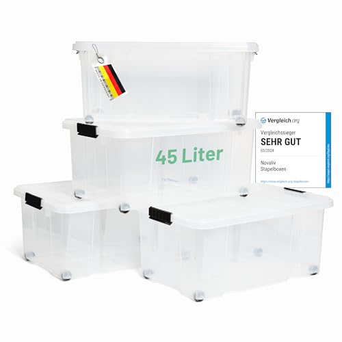 Novaliv 4x Aufbewahrungsboxen mit Deckel Groß 45L transparente Nestbar stapelbar mit Clipverschluss Rollboxen Kunststoff BPA-frei 61x40x26 cm von Novaliv