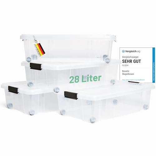 Novaliv 4x Unterbettkommode mit Rollen 28L Aufbewahrungsbox Deckel transparente Nestbar stapelbare mit Clipverschluss Rollkiste BPA-frei 61x40x17 cm Novaliv 4x Unterbettkommode mit Rollen 28L Aufbewahrungsbox Deckel transparente Nestbar stapelbare mit Clipverschluss Rollkiste BPA-frei 61x40x17 cm von Novaliv