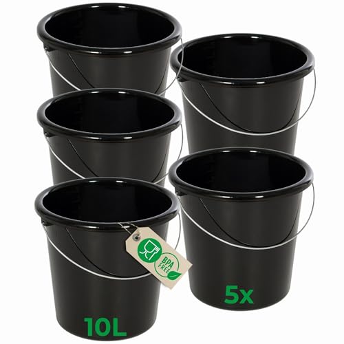 Novaliv 5 Stück Eimer 10L Schwarz mit Maßeinteilung - Putzeimer 10 Liter ? 28,5 cm Praktischer Allrounder mit Skala für Haushalt & Garten ideal als Haushaltseimer, Wassereimer, Wischeimer, Bucket von Novaliv