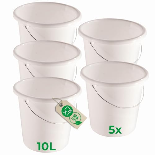 Novaliv 5 Stück Eimer 10L Weiß mit Maßeinteilung - Putzeimer 10 Liter ? 28,5 cm Praktischer Allrounder mit Skala für Haushalt & Garten ideal als Haushaltseimer, Wassereimer, Wischeimer, Bucket von Novaliv