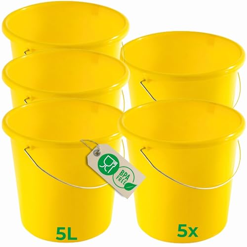 Novaliv 5 Stück Eimer 5L Gelb mit Maßeinteilung - Putzeimer 5 Liter ? 22,5 cm Praktischer Allrounder mit Skala für Haushalt & Garten ideal als Haushaltseimer, Wassereimer, Wischeimer, Bucket von Novaliv