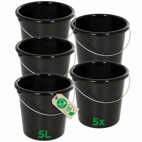 Novaliv 5 Stück Eimer 5L Schwarz mit Maßeinteilung - Putzeimer 5 Liter ? 22,5 cm Praktischer Allrounder mit Skala für Haushalt & Garten ideal als Haushaltseimer, Wassereimer, Wischeimer, Bucket von Novaliv