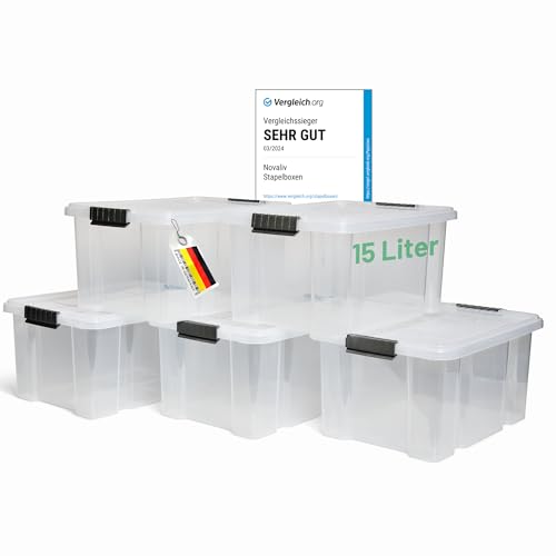 Novaliv 5x Aufbewahrungsboxen mit Deckel 15L transparente Nestbar stapelbare Storage boxes mit Clipverschluss Kunststoffbox BPA-frei 41 x 29 x 20 cm von Novaliv