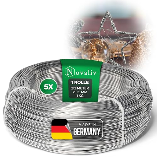 Novaliv 1060 Meter Aluminiumdraht 1,5mm Silber, Basteldraht ideal als Biegedraht zum basteln, Vielseitig für DIY-Projekte und Dekorationen, 212m Rolle Dekodraht, Schmuckdraht, Blumendraht Novaliv 1060 Meter Aluminiumdraht 1,5mm Silber, Basteldraht ideal als Biegedraht zum basteln, Vielseitig für DIY-Projekte und Dekorationen, 212m Rolle Dekodraht, Schmuckdraht, Blumendraht von Novaliv
