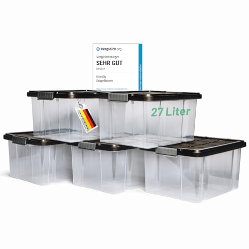 Novaliv 5x Aufbewahrungsboxen mit Deckel 27L Anthrazit Nestbar stapelbare Storage boxes mit Clipverschluss Kunststoffbox BPA-frei 46,5x36,5x24 cm von Novaliv