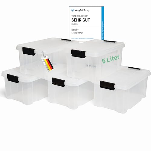 Novaliv 5x Aufbewahrungsboxen mit Deckel 5L transparente Nestbar stapelbare Storage boxes mit Clipverschluss Kunststoff BPA-frei 30 x 19 x 14 cm von Novaliv