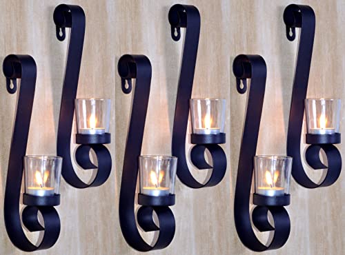 Novaliv 6X Wandkerzenhalter aus Metall mit Glas 9 x 5,5 x 28 cm Schwarz Kerzenhalter Teelichterhalter Wohnzimmer Dekoration Wanddeko Kerzen Vintage Deko Teelicht Wandhalter von Novaliv