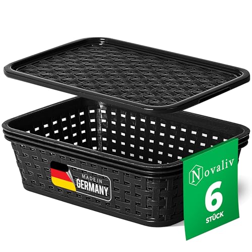 Novaliv 6er Set Aufbewahrungsboxen mit Deckel Mini 1L Korb Schwarz in Rattan Design Lebensmittelecht Aufbewahrungskorb Stapelboxen Nestbar Kunststoff BPA-frei Kiste Verstaubboxen mit Deckel von Novaliv