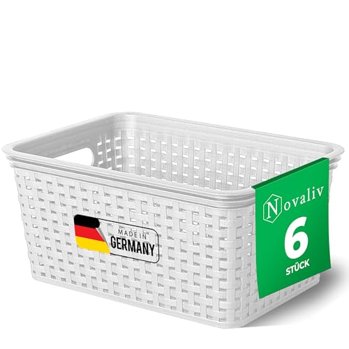 Novaliv 6x Aufbewahrungskorb in Rattan-Optik ohne Deckel | Weiß Kunststoff 5L Nestbar Storage boxes BPA-frei Ideale Aufbewahrungsbox Organizer Box Ordnungsbox für Ordnungssystem von Novaliv