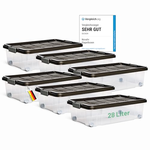 Novaliv 6x Unterbettkommode mit Rollen 28L Aufbewahrungsbox Deckel Anthrazit Nestbar stapelbare mit Clipverschluss Rollkiste BPA-frei 61x40x17 cm von Novaliv