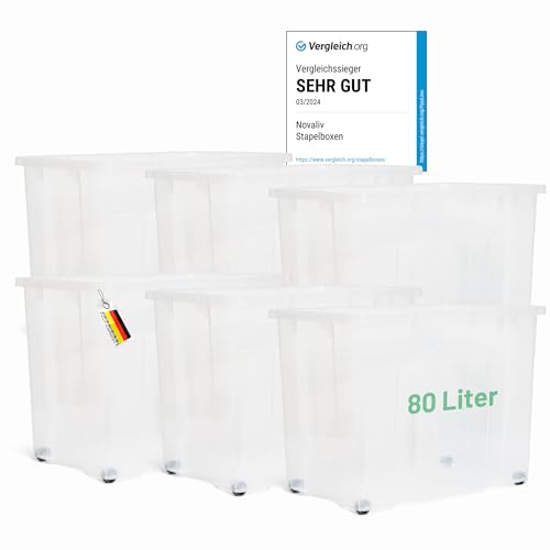 Novaliv 6x XXL Aufbewahrungsboxen ohne Deckel Groß 80L transparente nestbar stapelbar Rollboxen Kunststoff BPA-frei 59x39x44 cm von Novaliv