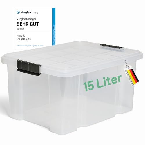 Novaliv Aufbewahrungsbox mit Deckel 15L transparente Nestbar stapelbare Plastikbox mit Clipverschluss Eurobox Kunststoffbox BPA-frei 41 x 29 x 20 cm von Novaliv