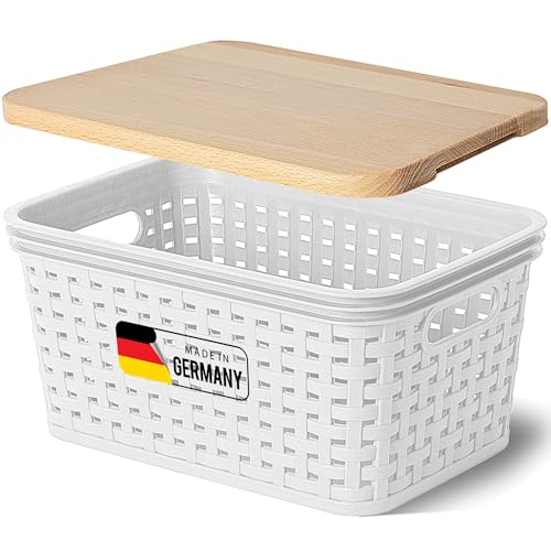 Novaliv Aufbewahrungsbox mit Holzdeckel Mini 2L Korb Weiß in Rattan Design Lebensmittelecht Aufbewahrungskorb Stapelbox Nestbar Kunststoff BPA-frei Kiste Verstaubbox mit Deckel von Novaliv