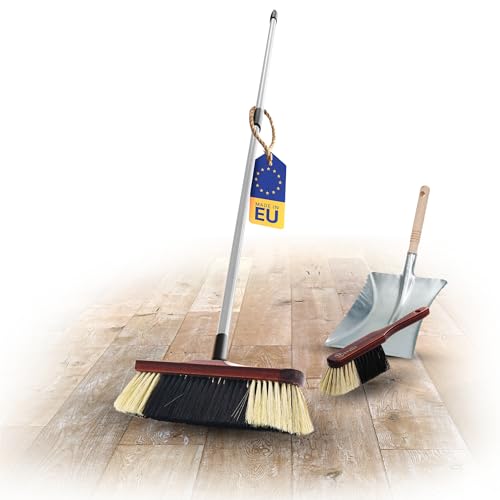 Novaliv Zimmerbesen mit Teleskopstiel ROSSHAAR Mischung Besen weiche Borsten Schrankbesen mit Stiel und Handfeger Kehrblechgarnitur Metall Kehrblechbesen Handkehrset Feger und Kehrblech von Novaliv