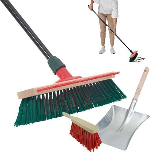 Novaliv Gartenbesen mit Stiel und Kratzleiste 40 cm Elaston Borsten inkl. Kehrgarnitur verzinkt mit Gummilippe bestehend aus Kehrblech & Handfeger Terassenbesen Hofbesen Stallbesen Outdoor Broom von Novaliv