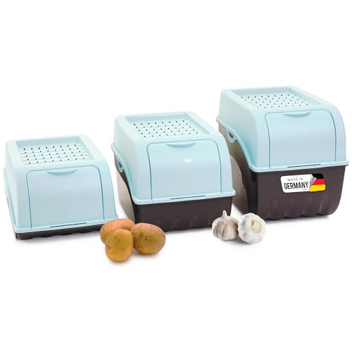 Novaliv Kartoffel Aufbewahrungsboxen Set | 3,5L + 5L + 9L | TÜRKIS | Kartoffelboxen | Gemüseboxen stapelbar Zwiebelboxen Kartoffelkörbe Obstbehälter Kartoffelkisten Frischhaltedosen von Novaliv