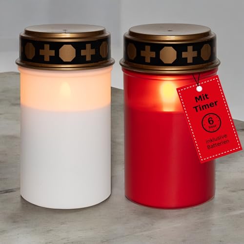 Novaliv Grablicht LED mit Batterie und Timer 6/18 LED Grablicht weiß u. rot Dauerbrenner mit Batterie Flackereffekt Grabkerzen Friedhofskerze Gedenkkerze Grablaterne Ewiges Licht Trauerkerze von Novaliv