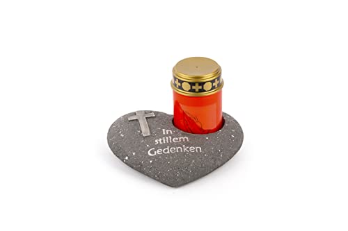 Novaliv Grabschmuck Herz Anthrazit mit Kreuz Spruch In stillem Gedenken inkl. LED Grablicht Rot Grabdeko Grabherz Wetterfest Grabdekoration Gedenkstein Teelichthalter Trauerstein von Novaliv
