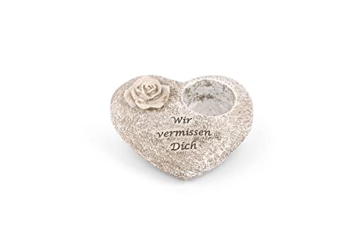 Novaliv Grabschmuck Herz Grau mit Rose Spruch Wir vermissen Dich Grabdeko Grabherz Wetterfest Grabdekoration Gedenkstein Teelichthalter Trauerstein von Novaliv