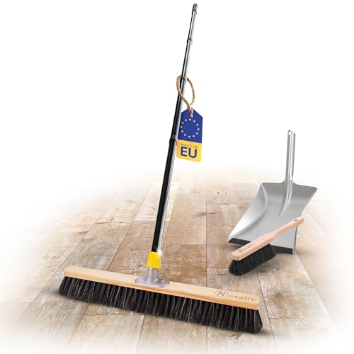 Novaliv Großer Besen Saalbesen 60 cm mit Stiel Borsten Haarmischung inkl. Kehrgarnitur verzinkt mit Gummilippe bestehend aus Kehrblech und Handfeger Besen fein Werkstattbesen Industriebesen mit Stiel von Novaliv