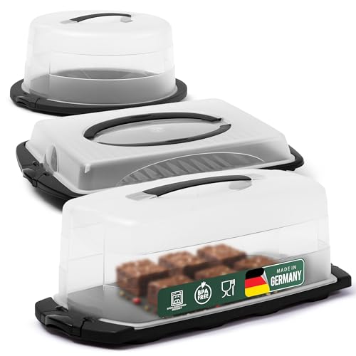 Novaliv Kuchen-Transportbox 3er Set Rund, Eckig und Rechteckig Aufbewahrungsboxen mit Deckel Torte Kuchen Dessert, Party-Box Container Tortentransportbox Tortenbehälter Transport Behälter Partyset von Novaliv