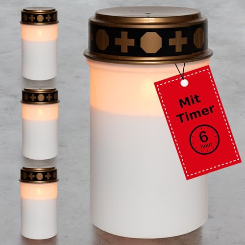 Novaliv LED Grablicht ohne Batterie und Timer 6/18 weiß 4x Dauerbrenner LED Flackereffekt inkl. Batterien Grabkerzen Friedhofskerze Gedenkkerze Grablaterne Ewiges Licht Trauerkerze LED Kerzen von Novaliv