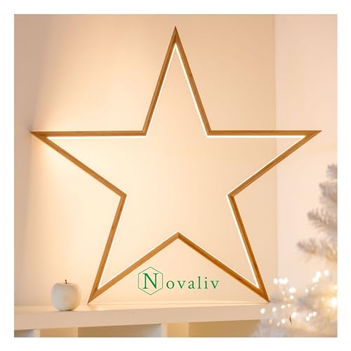 Novaliv LED Stern Lampe 35cm Naturholz Hängelampe Wohnzimmer LED Warmweiß Weihnachtsstern beleuchtet innen - Innendeko Fensterdeko für Weihnachtszeit Nachttischlampe Weihnachtsbeleuchtung von Novaliv