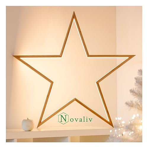 Novaliv LED Sterne Lampe 2er Set - 75cm Ø Naturholz Hängelampen Wohnzimmer LED Warmweiß Weihnachtssterne beleuchtet innen - Innendeko Fensterdeko für Weihnachtszeit Nachttischlampen von Novaliv