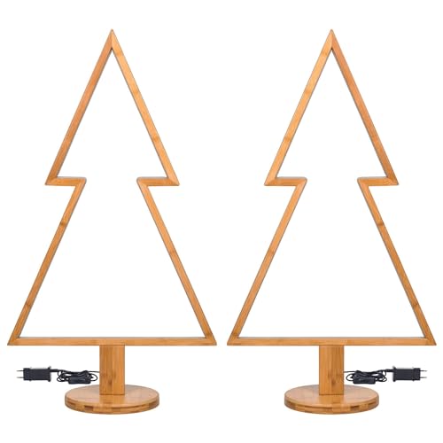 Novaliv LED Tannenbaum Lampe 2er Set 90 x 50 cm Naturholz Standlampe Wohnzimmer LED Warmweiß Baum beleuchtet innen - Innendeko Stehlampe Fensterdeko für Weihnachtszeit Weihnachtsbeleuchtung von Novaliv