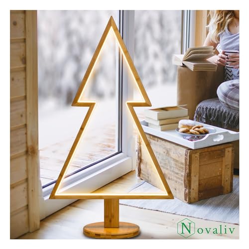Novaliv LED Tannenbaum Lampe 90 x 50 cm Naturholz Standlampe Wohnzimmer LED Warmweiß Baum beleuchtet innen - Innendeko Stehlampe Fensterdeko für Weihnachtszeit Weihnachtsbeleuchtung von Novaliv