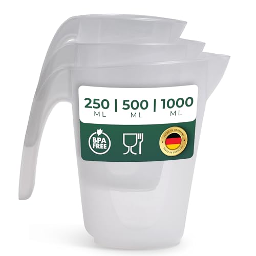 Novaliv Messbecher Set 250ml 500ml 1000ml, Meßbecher Küche Set transparent mit klarer g/ml Skala für Flüssigkeiten Mehl & Zucker, Made in Germany, Spülmaschinenfest, Rührschüssel Messbehälter von Novaliv