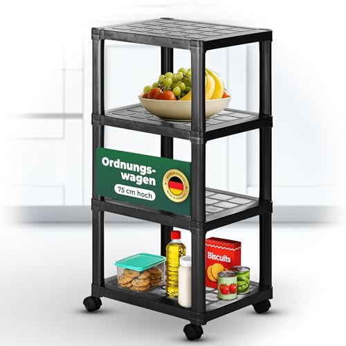 Novaliv Rollwagen mit 4 Etagen Schwarz, Badezimmer-Regal Badregal Bad Küche Ordnungswagen Beistellwagen Allzweckwagen Putzwagen Ordnungswagen Schiebe-Schrank Lager Bastelwagen Aufbewahrung Organizer von Novaliv
