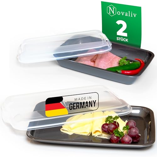 Novaliv Sparset 1x flach 2X hoch Anthrazit Premium Aufschnittbox mit Transparentem Deckel, Frischhaltedosen für Wurst & Käse Maße 25x17x3 cm 25x17x5 cm Kühlschrank Organizer Knäckebrotbox Must-Have von Novaliv