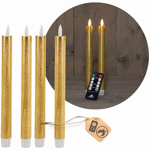 Novaliv Stabkerzen LED mit Timer GOLD 4 Stück indoor 6 Stunden - ECHTWACHS 18cm Höhe für Kerzen 2,2cm Durchmesser 2 AAA Batterien notwendig LED Stabkerzen flackernde Flamme bewegliche Flamme Licht von Novaliv