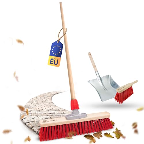 Novaliv Straßenbesen 50 cm mit Holzstiel Set I Besen Handbesen und Schaufel I Elaston rot I mit Gewinde I Industriebesen Gartenbesen mit Stiel Stallbesen Winterbesen von Novaliv