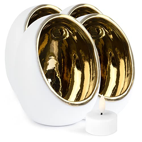 Novaliv Teelichthalter 4X PIM L aus Keramik inkl. LED Teelichter/moderner Teelichterhalter 11,5 x 11,5 x 15 cm/Teelichthalter weiß Gold für Party, Hochzeit, Wohnzimmer oder Dekoration von Novaliv