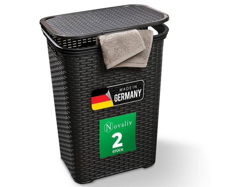 Novaliv Wäschekorb - (2 St), 2 Stück Rattan Wäschekorb mit Deckel 60L Schwarz von Novaliv