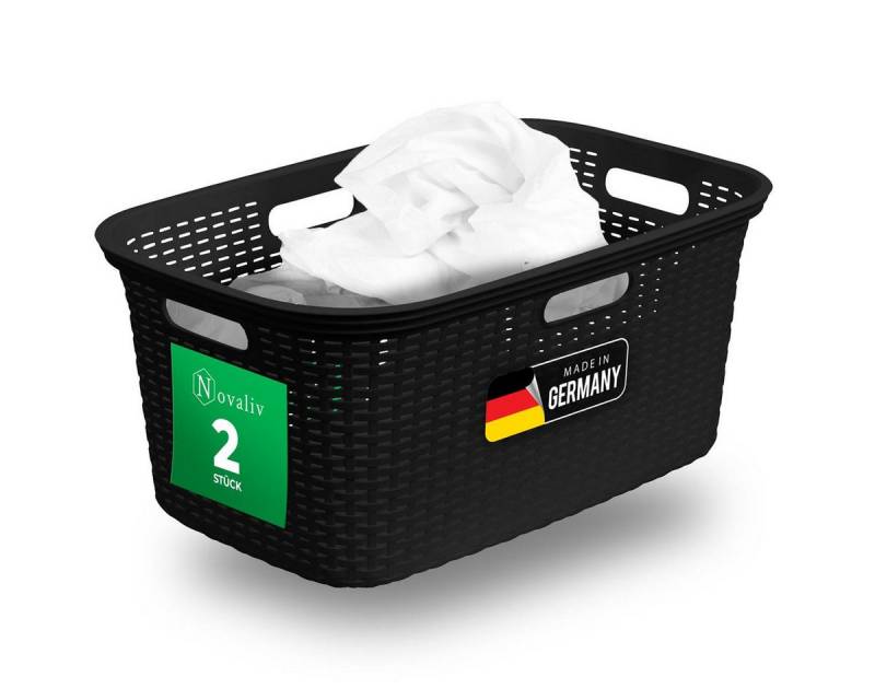 Novaliv Wäschekorb - (2 St), 2 Stück Rattan Wäschekorb mit Deckel und vier Griffen 40L Schwarz von Novaliv