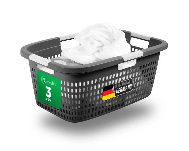 Novaliv Wäschekorb - (3 St), 3 Stück Wäschekorb mit Deckel und vier Griffen 40L Anthrazit von Novaliv