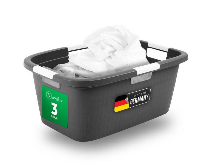 Novaliv Wäschekorb - (3 St), 3 Stück Wäschewanne mit Deckel und vier Griffen 40L Anthrazit von Novaliv