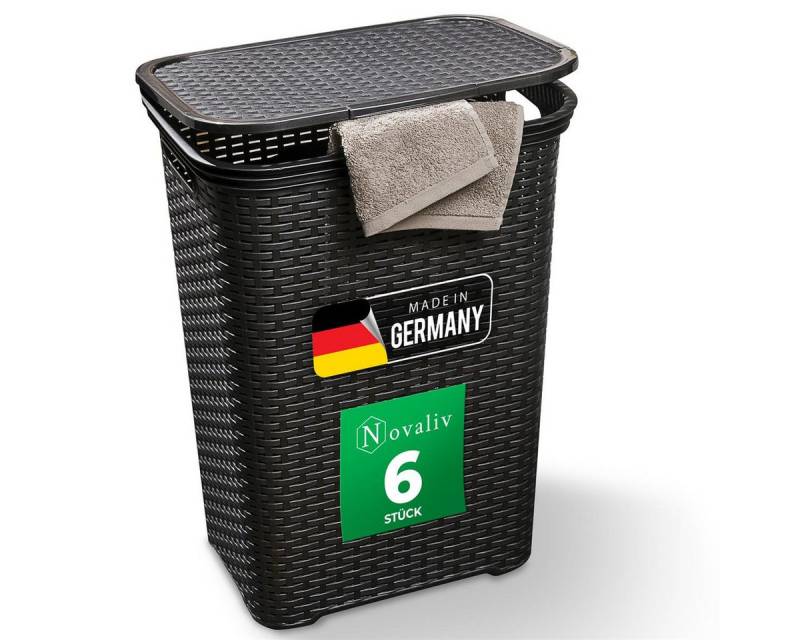 Novaliv Wäschekorb - (6 St), 6 Stück Rattan Wäschekorb mit Deckel 60L Schwarz von Novaliv