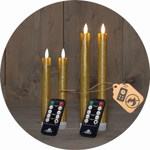 Sparset Stabkerzen LED mit Timer Klein+Groß GOLD 4 Stück GOLD indoor - 6 Stunden - ECHTWACHS 18cm+23cm Höhe für Kerzen 2,2cm Durchmesser 2 AAA Batterien notwendig LED Stabkerzen flackernde Flamme von Novaliv