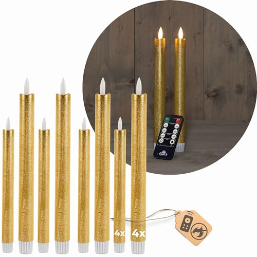 Sparset Stabkerzen LED mit Timer Klein+Groß GOLD 8 Stück GOLD indoor - 6 Stunden - ECHTWACHS 18cm+23cm Höhe für Kerzen 2,2cm Durchmesser 2 AAA Batterien notwendig LED Stabkerzen flackernde Flamme Sparset Stabkerzen LED mit Timer Klein+Groß GOLD 8 Stück GOLD indoor - 6 Stunden - ECHTWACHS 18cm+23cm Höhe für Kerzen 2,2cm Durchmesser 2 AAA Batterien notwendig LED Stabkerzen flackernde Flamme von Novaliv