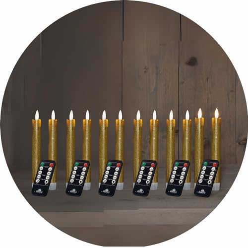 Stabkerzen LED mit Timer GOLD 12 Stück indoor 6 Stunden ECHTWACHS 18cm Höhe für Kerzen 2,2cm Durchmesser 2 AAA Batterien notwendig LED Stabkerzen 4er Set GOLD (drei Mal) bewegliche Flamme Licht von Novaliv