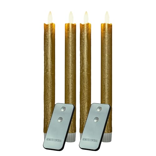 Stabkerzen LED mit Timer GOLD 4 Stück GOLD indoor - 6 Stunden - ECHTWACHS 23cm Höhe für Kerzen 2,2cm Durchmesser 2 AAA Batterien notwendig LED Stabkerzen flackernde Flamme bewegliche Flamme Licht von Novaliv