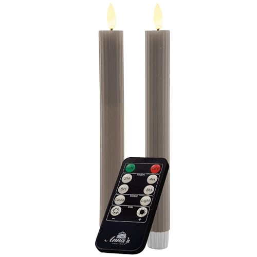 Stabkerzen LED mit Timer TAUPE GRAU 2er indoor mit Timer Funktion 6 Stunden ECHTWACHS gerippt 23cm Höhe für Kerzen 2,2cm Durchmesser 2 AAA Batterien LED Stabkerzen flackernde Flamme bewegliche Flamme von Novaliv