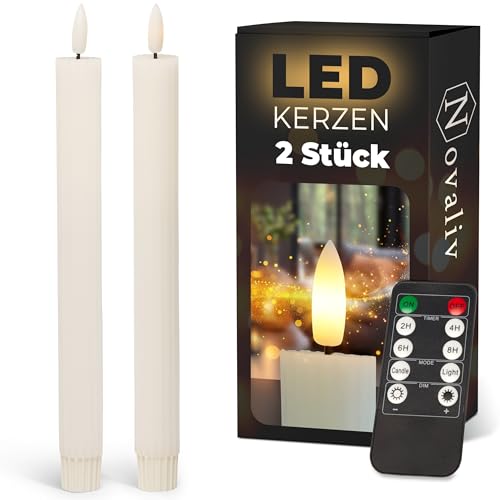 Stabkerzen LED mit Timer Weiss 2er Indoor mit 6 Stunden Timer - ECHTWACHS gerippt 23cm Höhe für Kerzen 2,2cm Durchmesser 2 AAA Batterien notwendig LED Stabkerzen flackernde Flamme bewegliche Flamme von Novaliv
